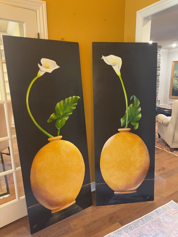 28” x 6’ Painted Panels, Floral Still Life and Jungle Scenes, Signed Lindas