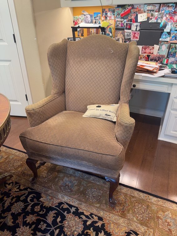 Upholstered Wingback Armchair With Diamond Pattern Fabric and Wooden Legs
