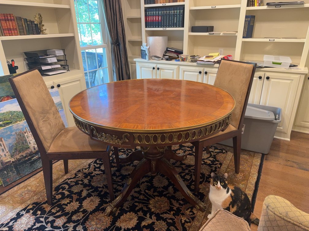 Round Wood Dining Table with Brass Trim, 47 in. Diameter, 31 1/2 in. Tall, Plus Two Chairs