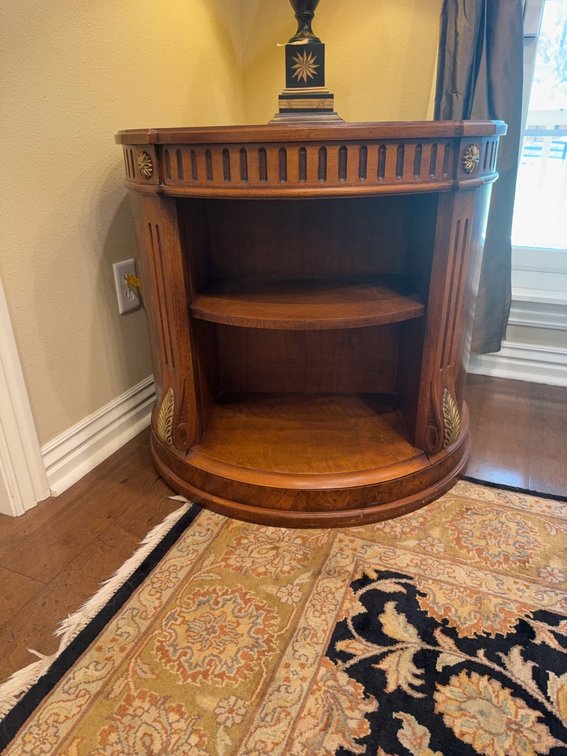 Round Wood Cabinet With Shelf, Decorative Accents, 30 1/2 Inch Diameter, 28 Inches Tall