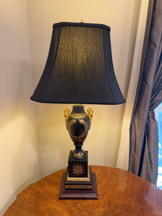 Black and Gold Table Lamp with Rams Head Handles, Approx. 30 Inches Tall