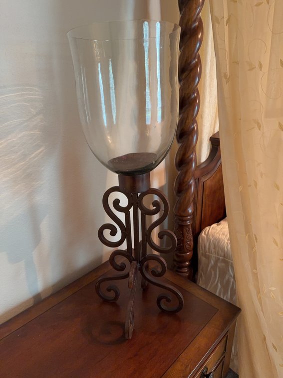 Large Metal Scroll Base Hurricane Candle Holder with Clear Glass Shade, 28 Inches Tall