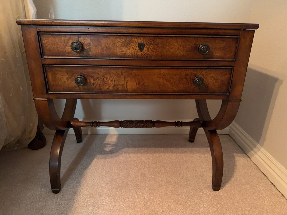 Ethan Allen Two-Drawer Wooden Side Table with Carved Legs, Brass Pulls