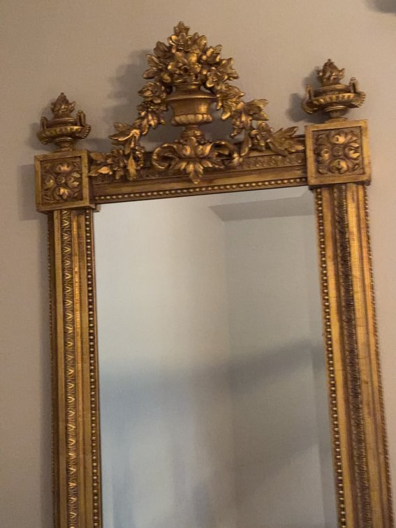 Gold Gilt Ornate Wall Mirror with Floral Crest, Approximately 26” x 84”