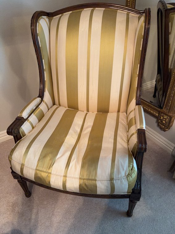 Henredon Upholstery Collection Armchair, Striped Fabric, Wood Frame, Crest Detail