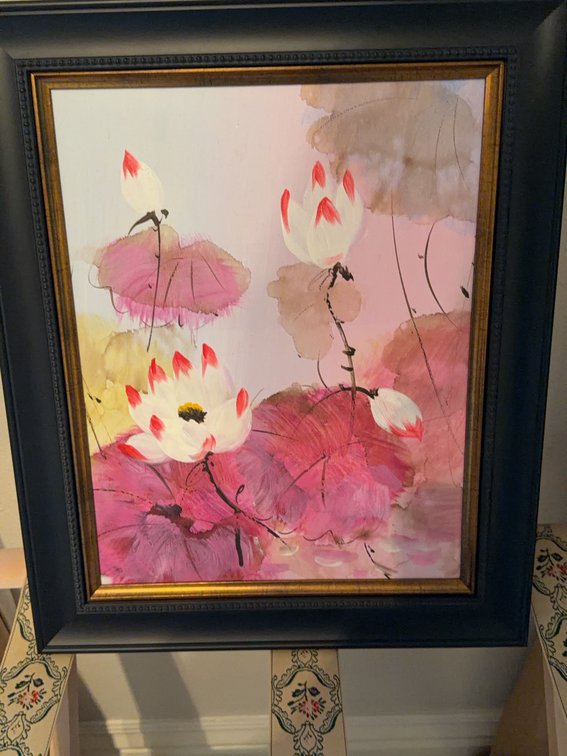 Framed Lotus Blossom Painting, 16 x 20 in. (Outside Frame), Contemporary Floral Art