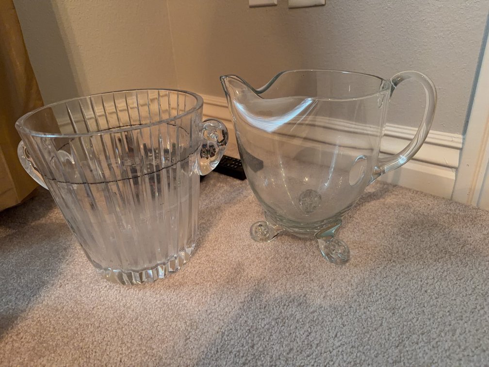 Glass Ice Bucket with Handles and Footed Glass Pitcher, Pair