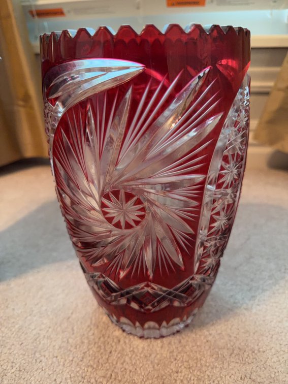 Red Cut to Clear Bohemian Crystal Glass Vase, Starburst Pattern, 11-Inch Tall