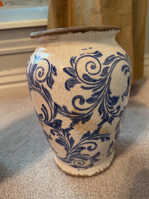 Blue and White Glazed Ceramic Vase with Scroll Pattern and Crackle Finish