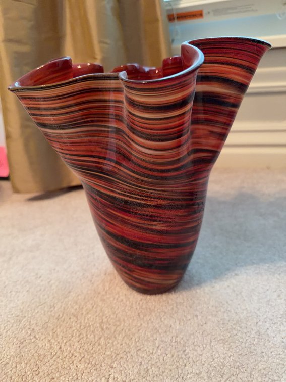 Hand-Blown Art Glass Swirl Pattern Vase with Freeform Rim, Red and Orange