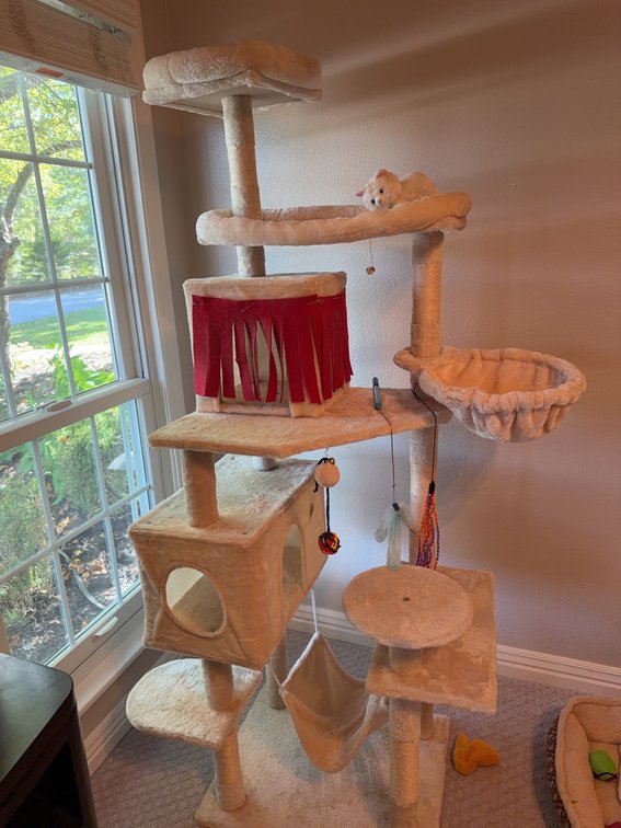 Large Multi-Level Cat Tree With Hammock, Basket, and Perches, Approximately 6 Feet Tall