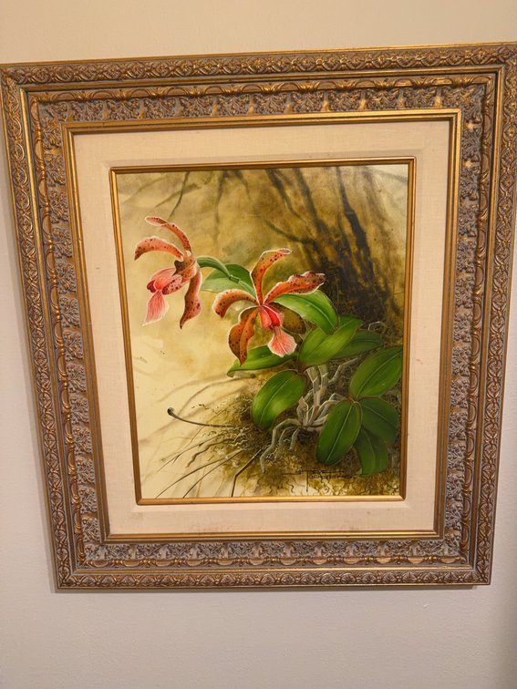 Steve Rogers Orchid Painting on Canvas in Ornate Frame, Frame Size 32 x 36 Inches