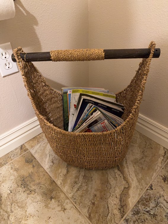 Woven Basket Magazine Holder With Handle, Approximately 19 Inches Wide and 19 Inches Tall