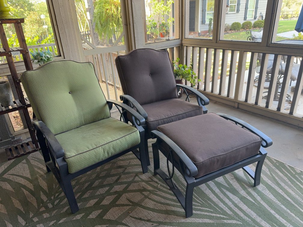 2 Metal Patio Chairs With Cushions And Ottoman