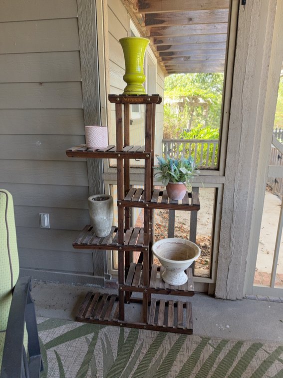 Multi-Tier Wooden Plant Stand With Five Assorted Planters and Pots
