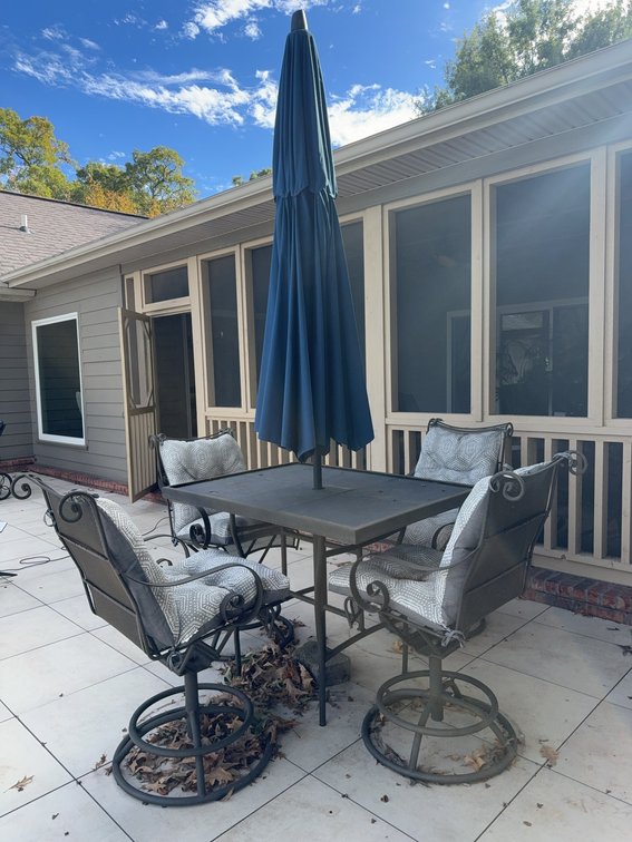 Outdoor Patio Dining Set With 4 Swivel Chairs, Cushions, Square Table, and Blue Umbrella