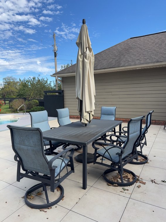 Outdoor Patio Dining Set With 6 Swivel Chairs, Metal Frame, Table, Umbrella