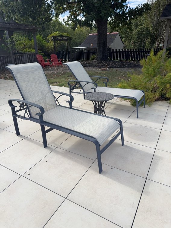 2 Outdoor Chaise Lounges with Metal Mesh Side Table