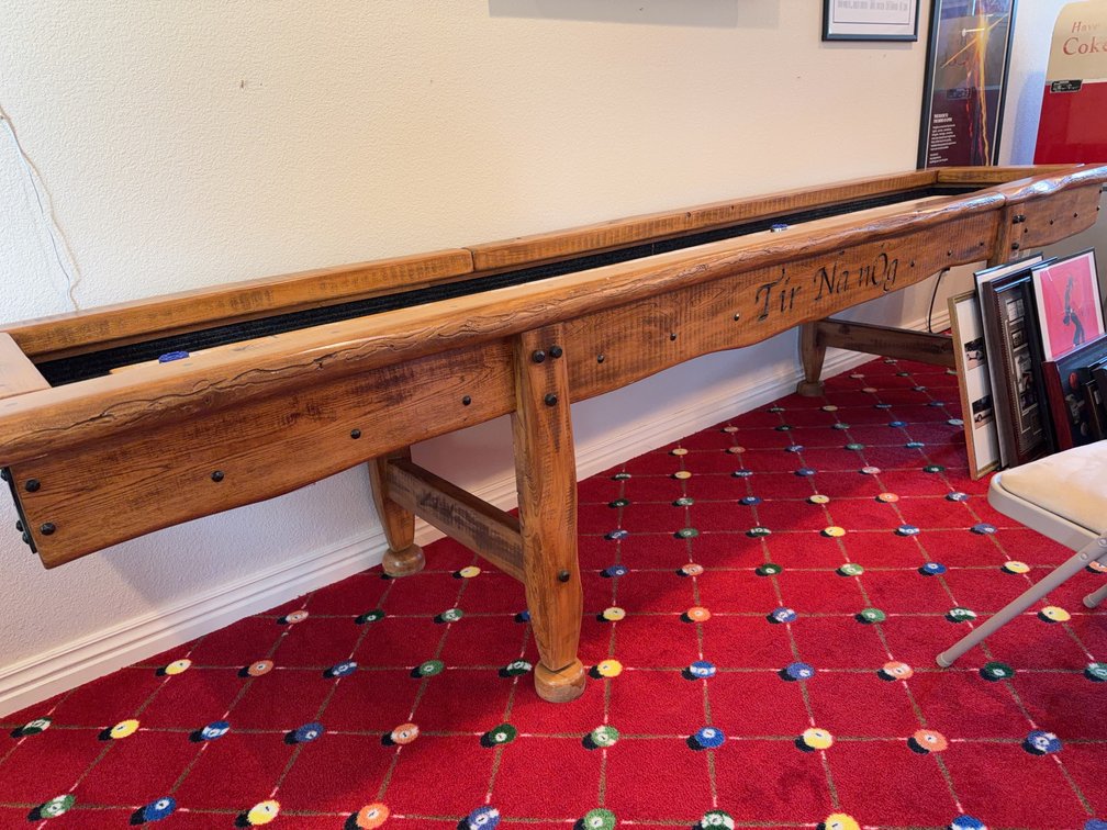 Heavy Wood Shuffleboard Table with Detailed Carvings, Approx. 11 ft 9 in Long, Tír Na nÓg