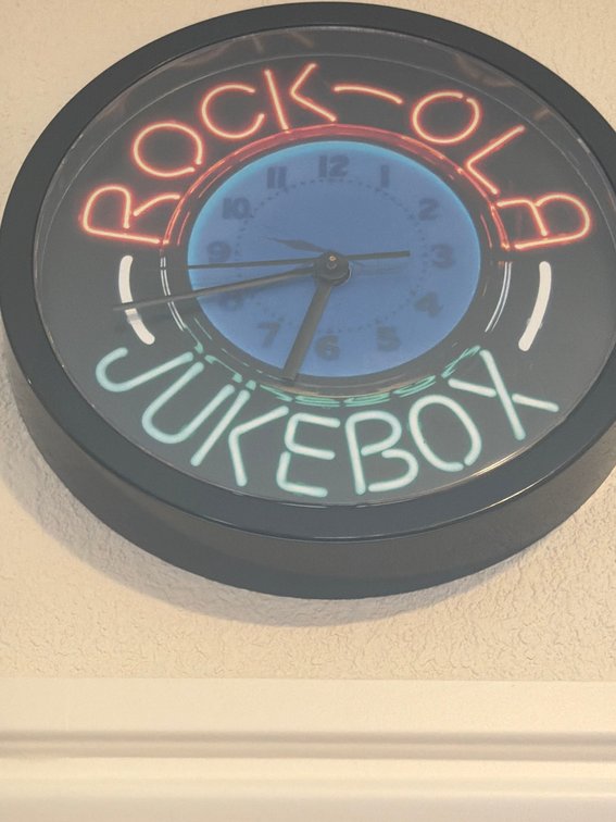 Rock-Ola Jukebox Neon Wall Clock, Black Frame, 14 Inch Diameter