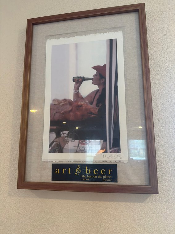 Signed Photograph Woman in Red Hat Drinking Beer, Wood Frame, Art & Beer Label