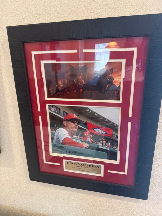 Framed Dave Van Horn Signed Arkansas Razorbacks Photo and Plaque Display