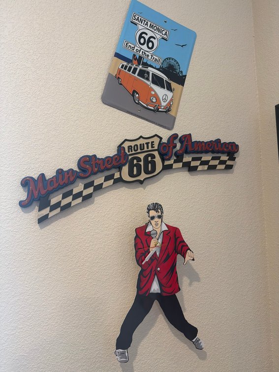 Route 66 Wall Signs With Vintage Car and Elvis Presley Cutout Decor