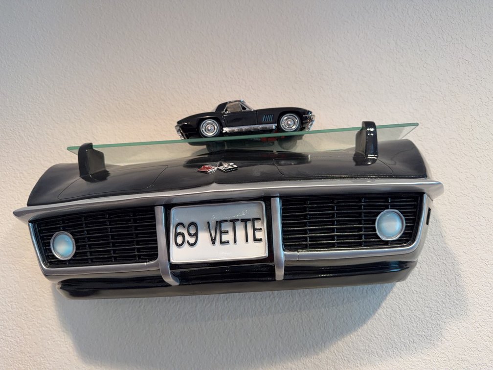 Wall-Mounted 1969 Corvette Front-End Shelf With Model Car, 18in Wide, 4in Depth