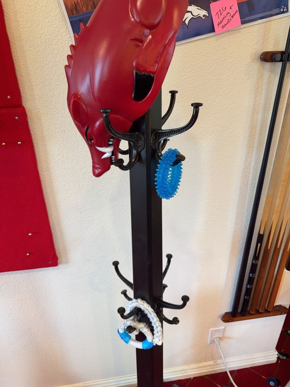 Metal Coat Rack with Four Double Hooks and Red Animal Head Decoration