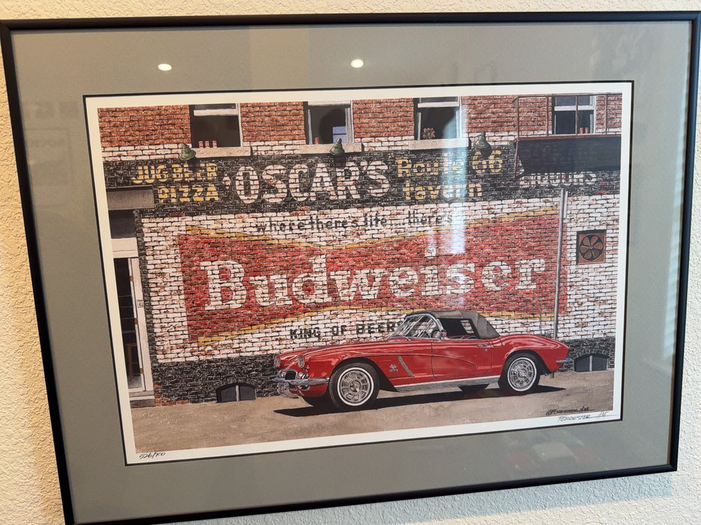 Forrester Ames Signed Numbered Print of Red Corvette, Budweiser Mural, Framed Art