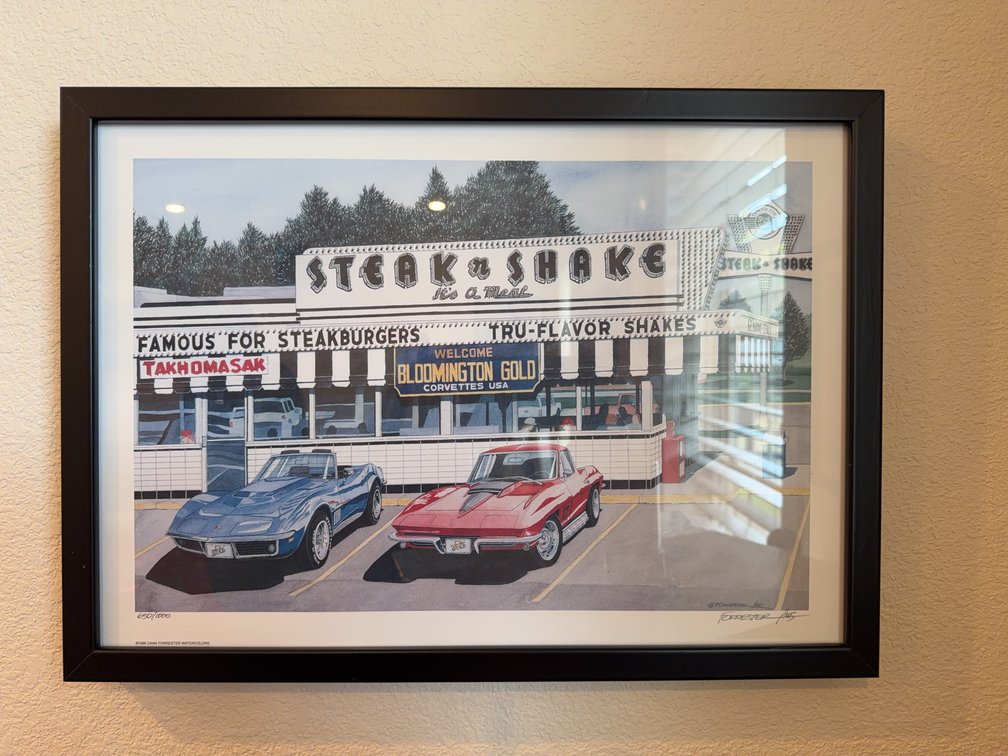 Dana Forrester Signed Number Print Steak n Shake Corvette Watercolor 1998 Framed Art