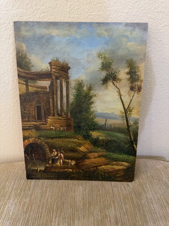 Landscape Oil Painting on Board, Ruins and Figures, 12 x 16 Inches