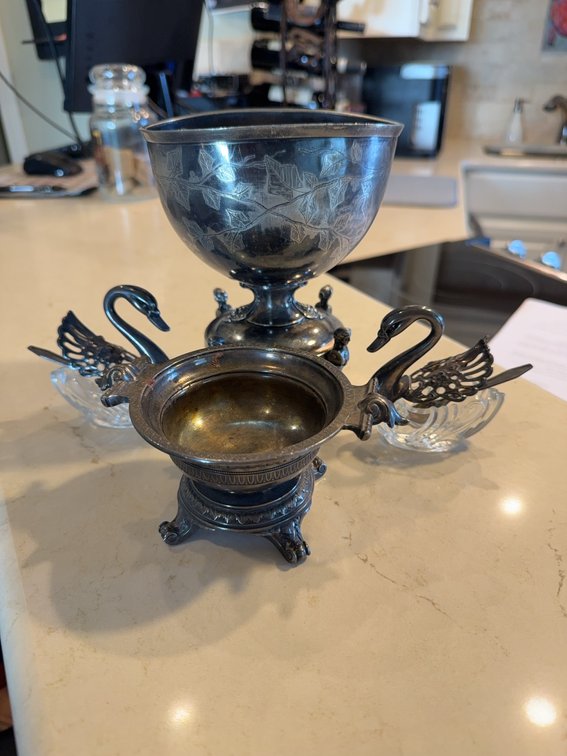 Silver-Plated Etched Goblet with Crystal Swan Salt Cellars and Small Spoons