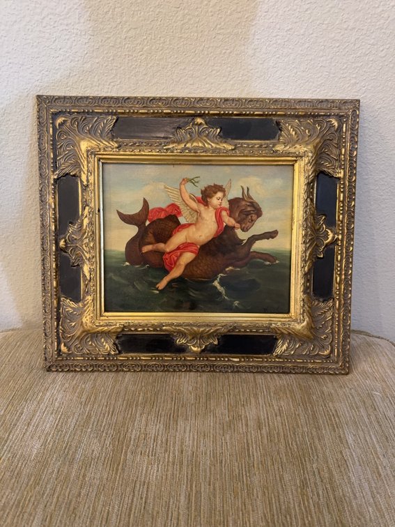 Framed Painting of Mythological Figure Riding Sea Creature, Ornate Frame, 15” x 16”