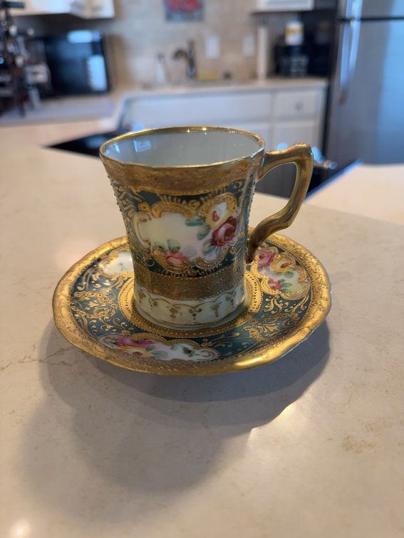 Hand Painted Nippon Demitasse Cup and Saucer Set, Gold Trim, 2.5 in. Tall Cup