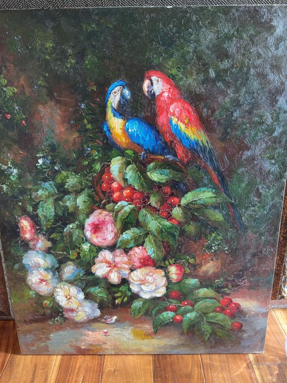 Oil on Canvas Painting 24 x 36 in. Parrots with Flowers and Berries
