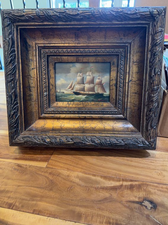Framed Oil Painting of Sailing Ship Signed 'Kadmia' in Ornate Wooden Frame