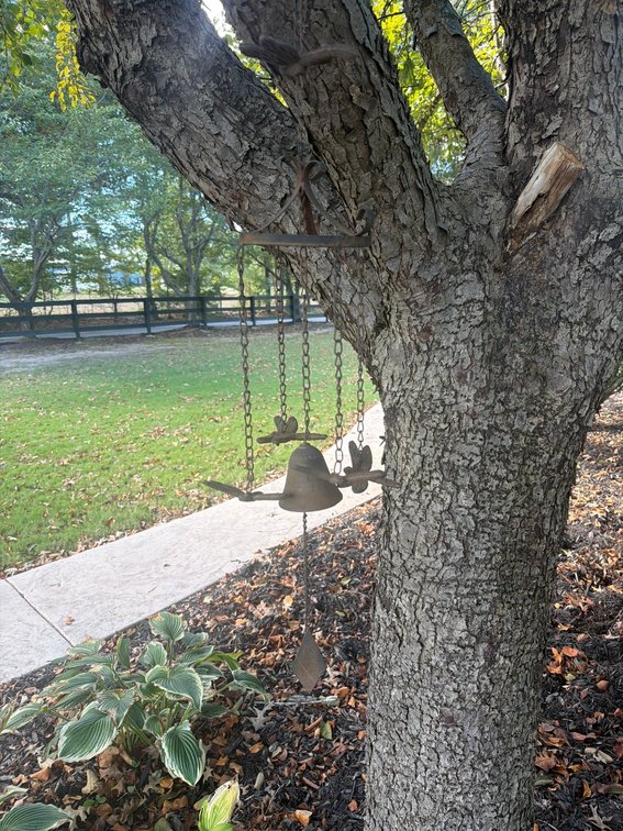 Metal Hanging Wind Chime With Bird Motif, Chains And Bell, For Outdoor Garden Use