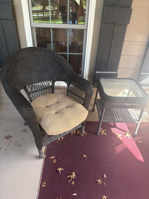 Wicker Patio Chair With Beige Cushion and Wicker Glass-Top Side Table Set