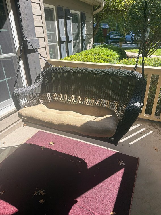 Black Wicker Porch Swing With Chains and Cushion, 2-Seater Outdoor Bench