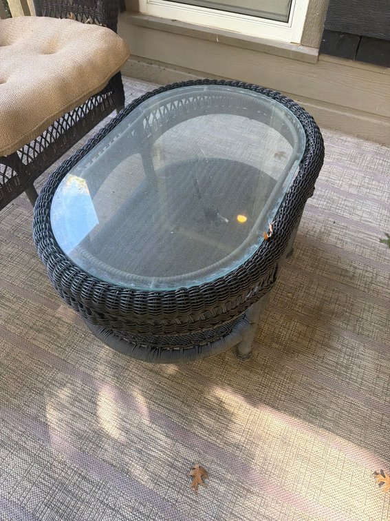 Oval Wicker Outdoor Coffee Table With Glass Top And Lower Shelf