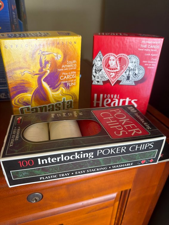 Royal Hearts and Canasta Card Games with 100 Interlocking Poker Chips Set