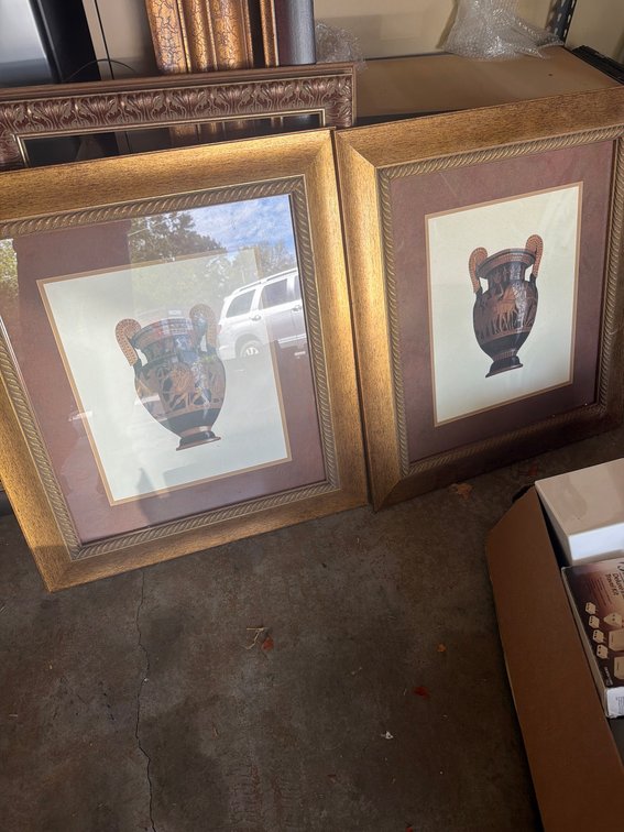 Pair Framed Greek Vase Art Prints, Brown Mats, Gold Frames, Approx. 2ft x 2ft Each