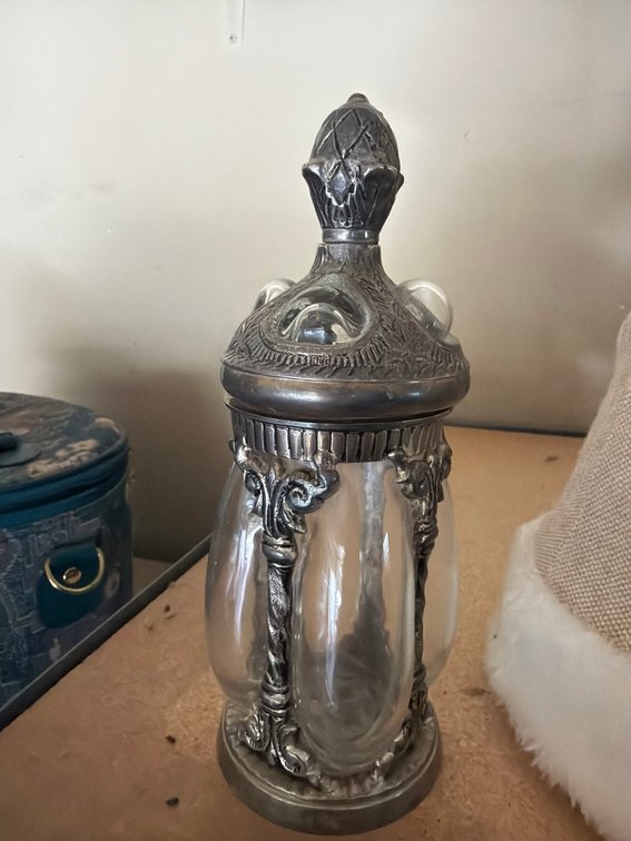 Ornate Glass Jar with Metal Lid and Trim, Decorative Columns and Finial, 8 in Tall