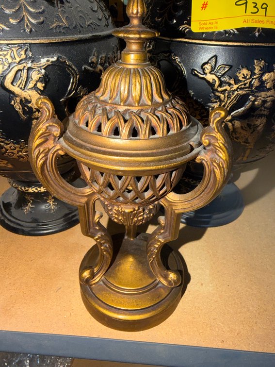 Ornate Metal Incense Burner with Hinged Lid, Decorative Handles, Gold-Tone Finish