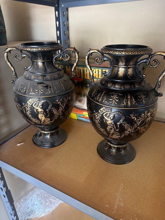 Black and Gold Metal Decorative Urns with Handles, Figural Relief Decoration