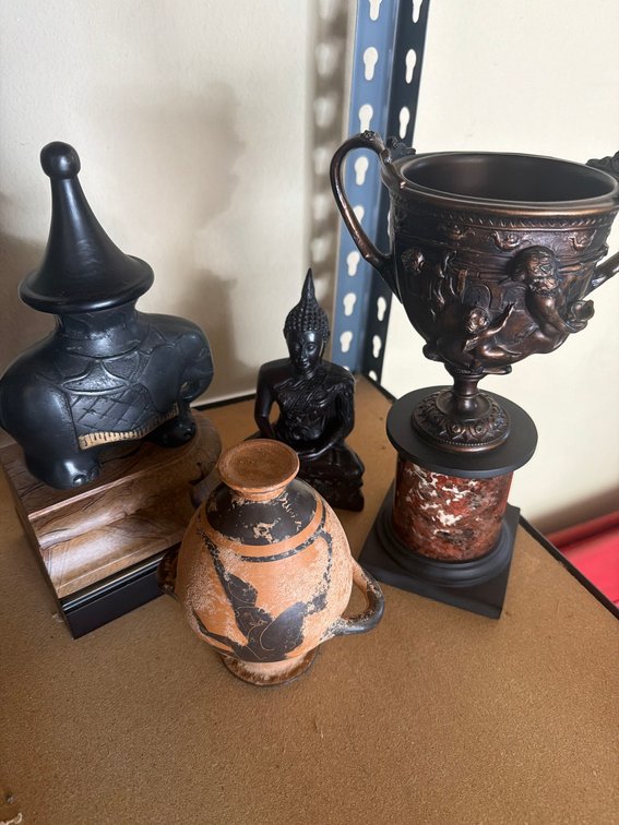 Lot: Bronze Trophy Cup, Buddha Figure, Elephant Statue, Pottery Vase