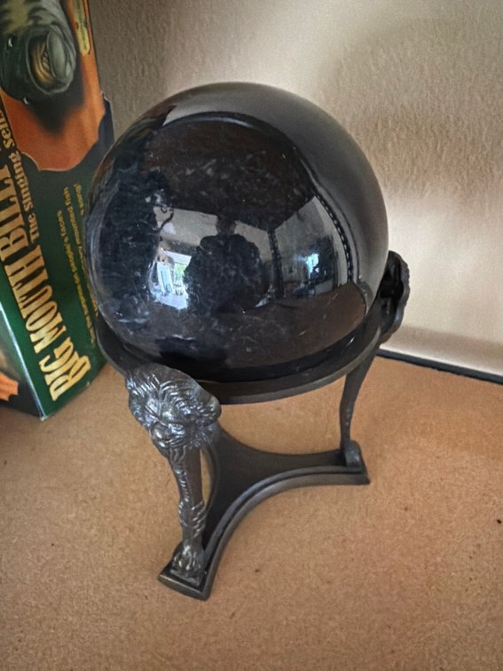 Black Glass Sphere with Decorative Metal Stand, 6" Tall