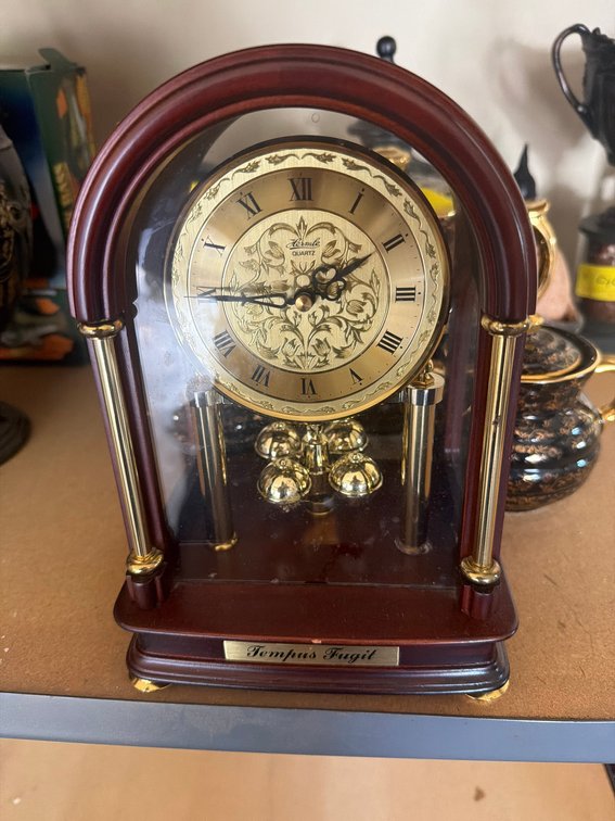 Hermle Quartz Anniversary Clock Under Glass Dome, Wood and Brass, Roman Numerals