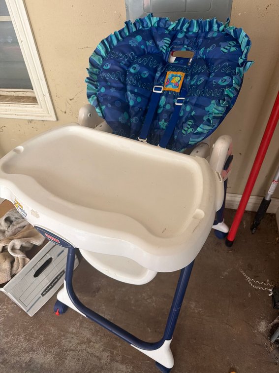Blue and White Fisher-Price High Chair With Removable Tray and Safety Straps
